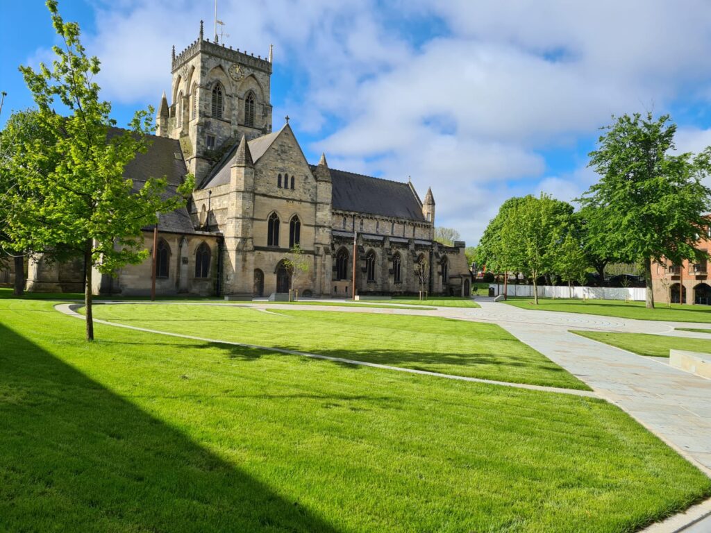 St James Square and Grimsby Minster in the sun