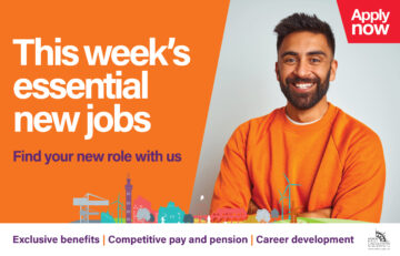 Smiling young man in an orange sweater. Text next to him says this week's essential new jobs.
