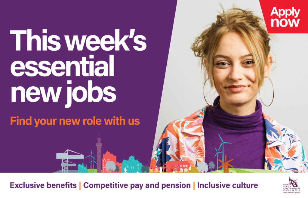 An image with text and a young woman smiling. The text says this week's essential new jobs.