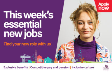 An image with text and a young woman smiling. The text says this week's essential new jobs.