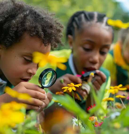Children with magnifying glass looking at flowers