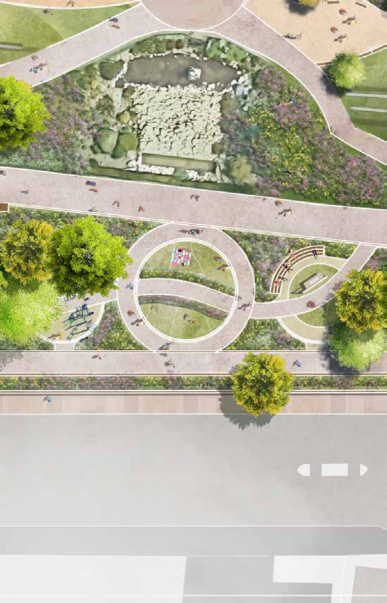 Section of an artist impression of Pier Garden from above, showing Education and Wellbeing area