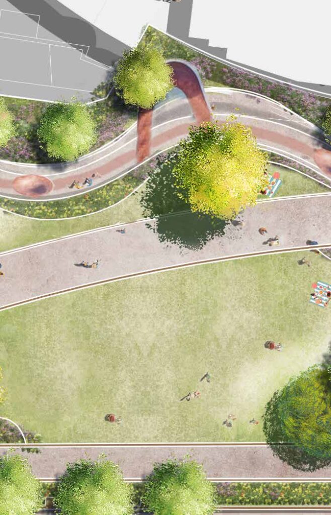 Section of an artist impression of Pier Garden from above, showing Flexible Space area