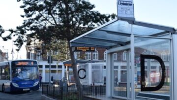 Close up of bus stop in Grimsby Town Centre