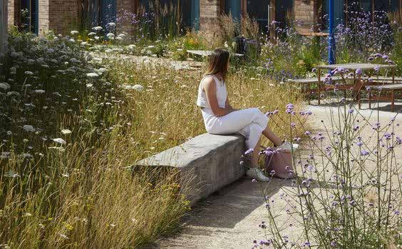 Woman sat on a bench with plants in the background