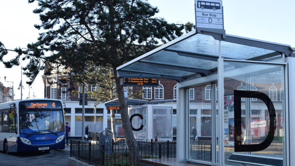 Buses at bus stations in Grimsby town centre