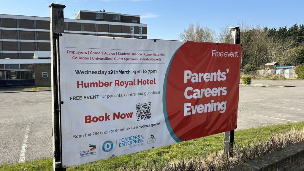 Parents Careers Evening sign outside Humber royal hotel