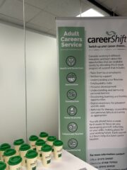 Banner and cups at careerShift event