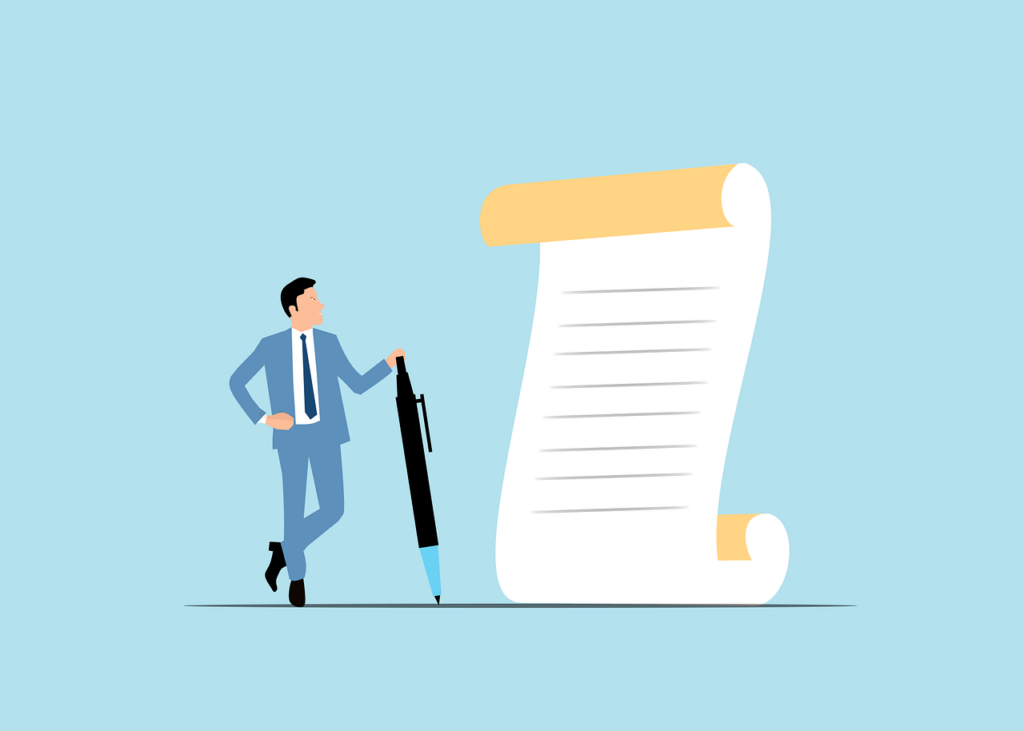 Cartoon of a man stood next to a scroll