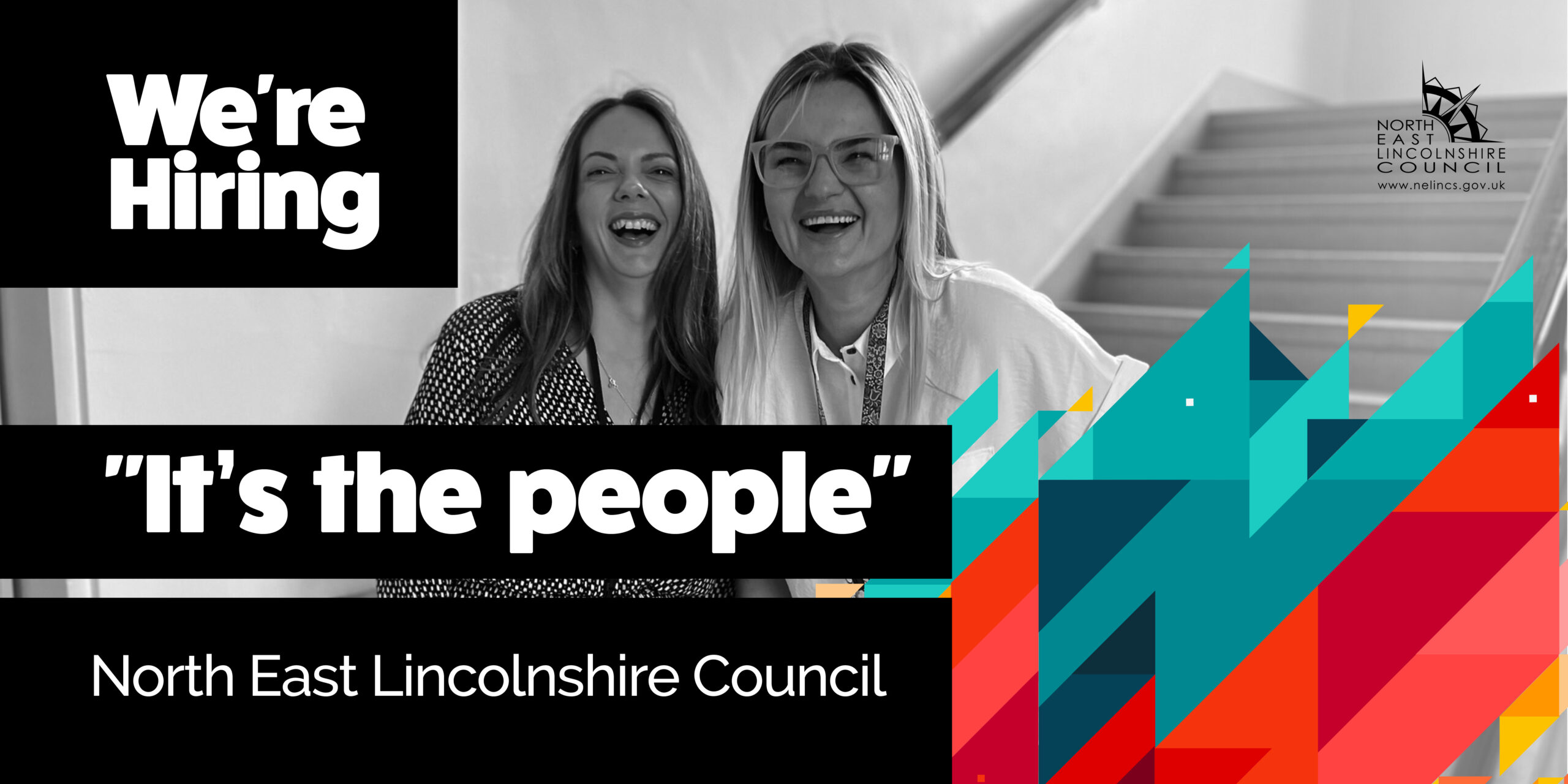 Two women laughing with text overlay that reads 'were hiring. It's the people. North East Lincolnshire Council.'