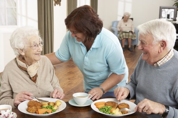 Senior Couple being served meal by carer