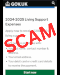 A blurred screenshot of a fake Gov.uk page with the word 'SCAM' written across it