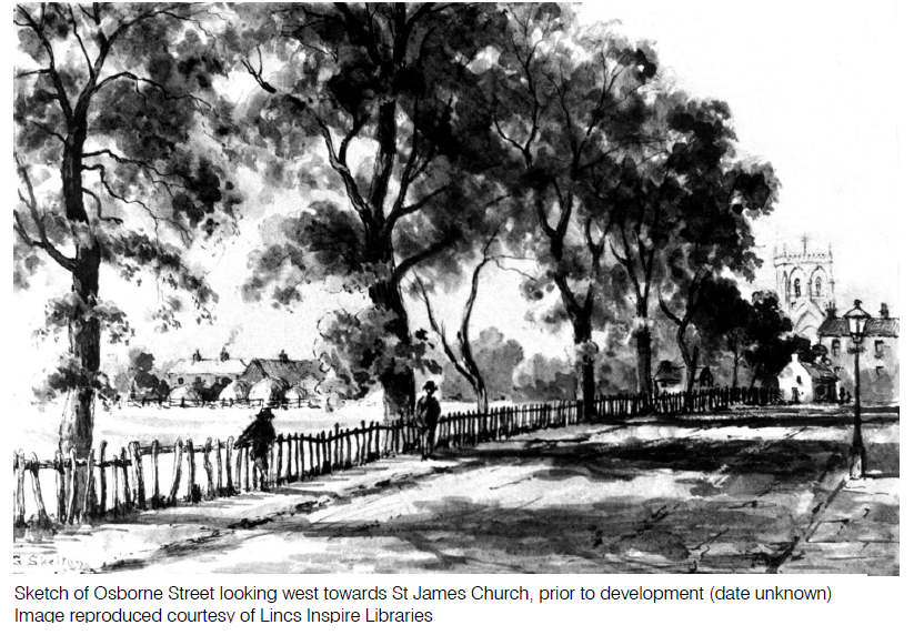Black and white street scene sketch