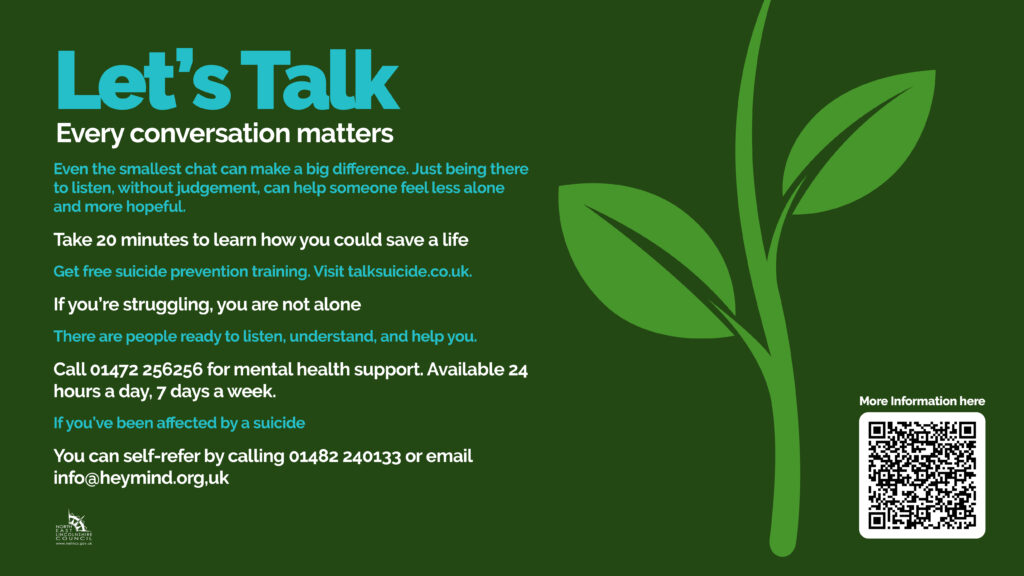 A poster with support, advice and contact details for help with suicide and suicide prevention.