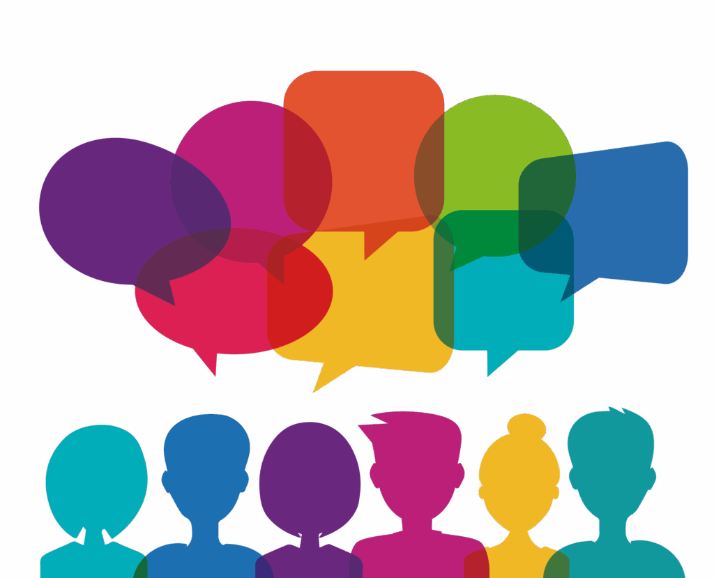 Graphic of young people with speech and thought bubbles