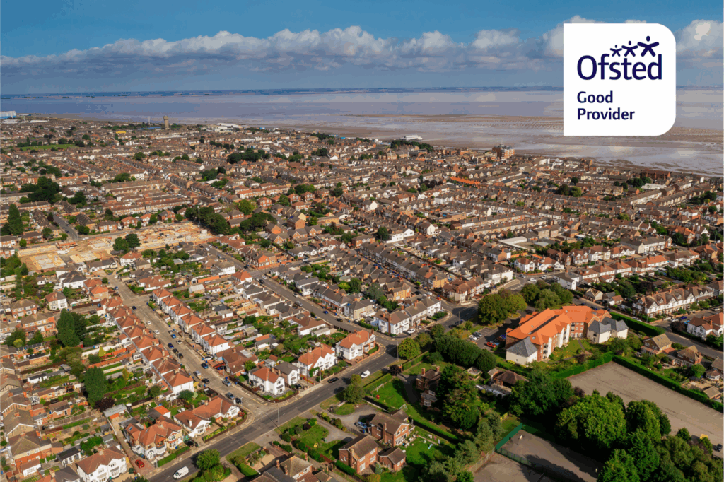 Drone photo of North East Lincolnshire with Good Ofsted Logo