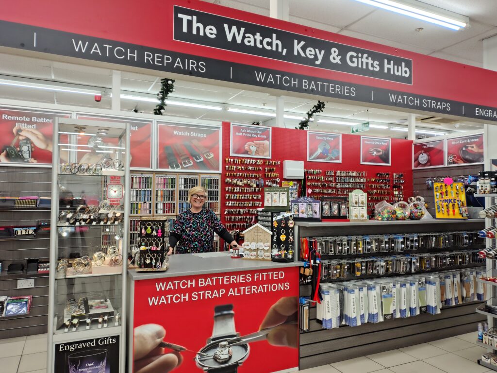 Sue on her stall, the Watch Key and Gift Hub on Grimsby Top Town Market