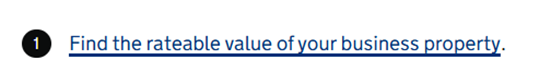 Screenshot showing 'find the rateable value of your business property'.