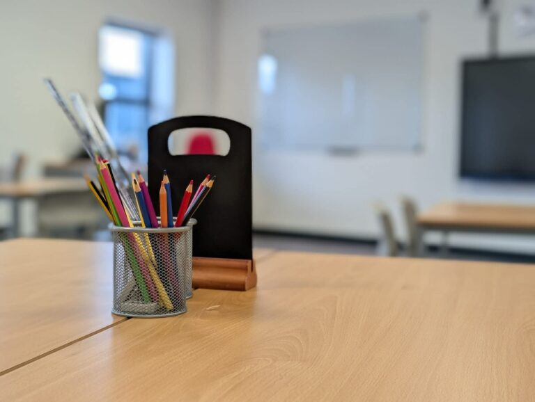 A pencil pot with coloured pencils sitting on a table in a classroom