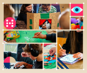 Collage of images of young children doing creative activities