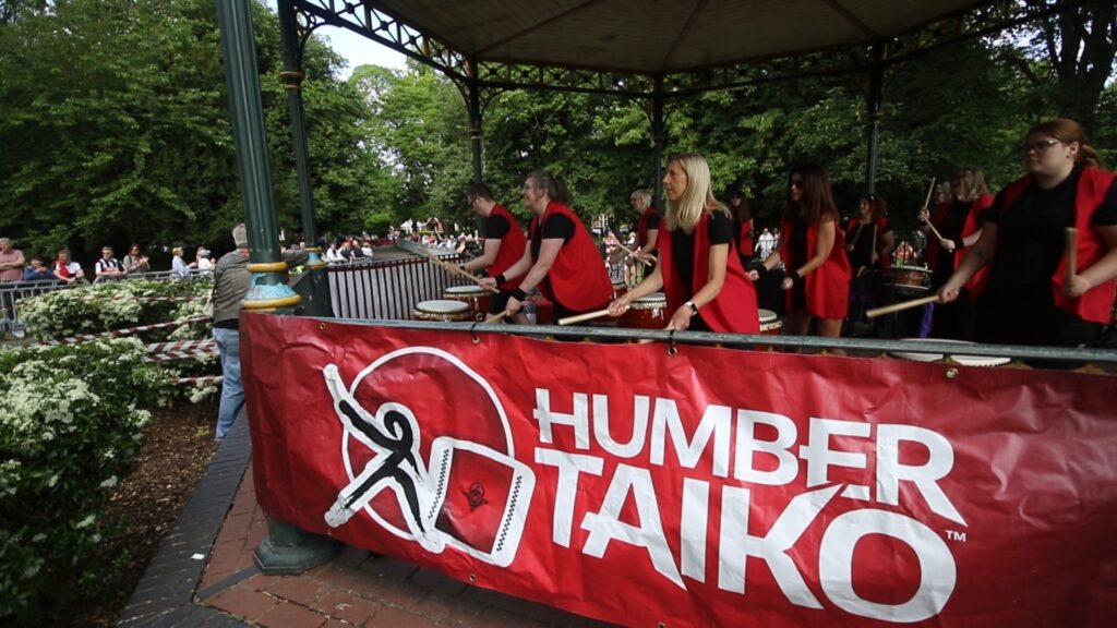 Humber Taiko drummers at the 2025 Orsted Great Grimsby 10k.