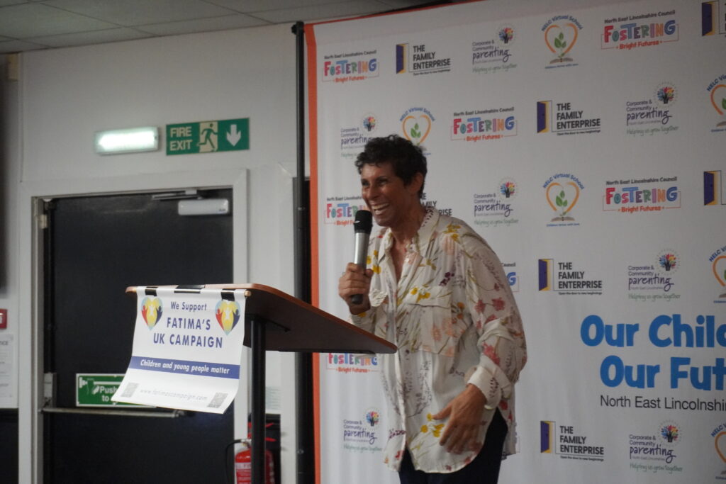 Fatima Whitbread delivering a speech at the Virtual School Conference