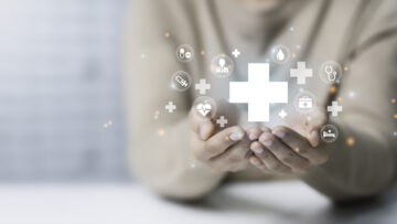 Woman hand holding plus icon for the healthcare medical icon. Health insurance concept. Benefits and Access to welfare health, doctors, hospitals, treatment with copy space