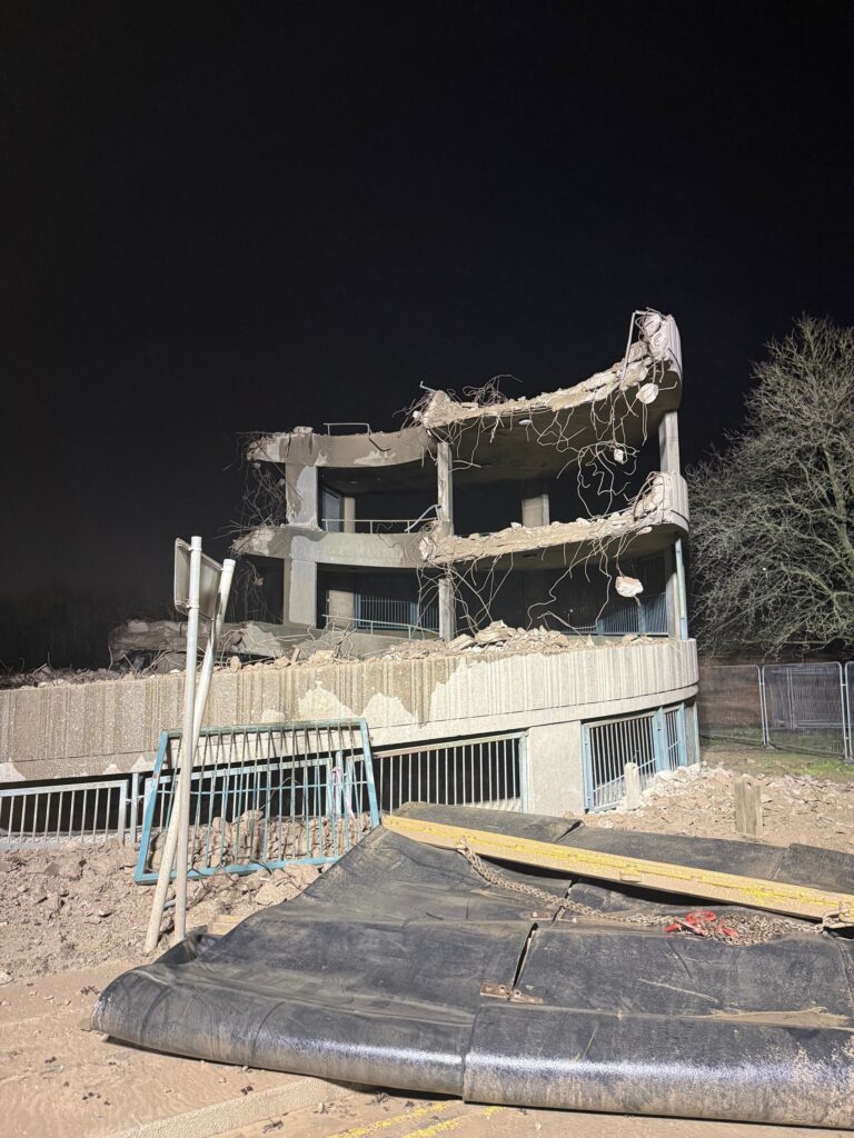 Carpark spiral demolition at night - Feb 2026