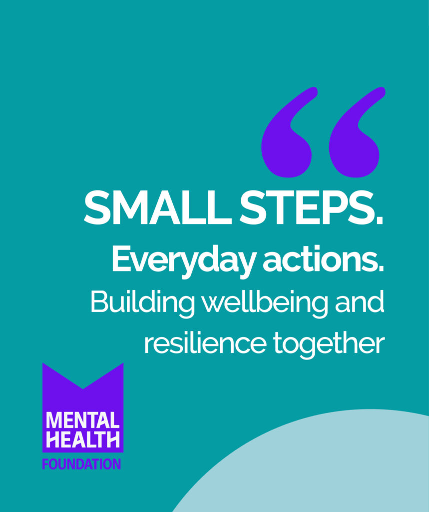 Image that reads: Small steps. Everyday actions. Building wellbeing and resilience together.
