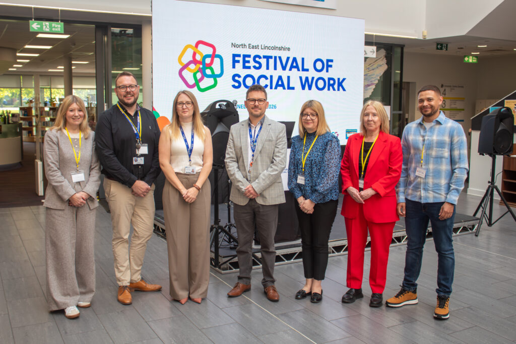 From left: Director of Children's Services at North East Lincolnshire Council, Ann-Marie Matson, North  East Lincolnshire Council Principal Social Worker for Adults, John Allen, Campus Principal for Higher Education, Grimsby Institute, Becki Hamnett, Grimsby Institute Professional Lead in Social Work, Andy Cowdroy, Director for Adult Social Services at North East Lincolnshire Council, Katie Brown, Deputy Service Director for Practice, Standards and Principal Social Worker Regulated Services, Nikki Alcock, and keynote speaker, author and champion for children in care, Steven Russell. 