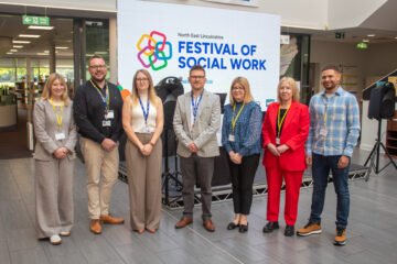 From left: Director of Children's Services at North East Lincolnshire Council, Ann-Marie Matson, North  East Lincolnshire Council Principal Social Worker for Adults, John Allen, Campus Principal for Higher Education, Grimsby Institute, Becki Hamnett, Grimsby Institute Professional Lead in Social Work, Andy Cowdroy, Director for Adult Social Services at North East Lincolnshire Council, Katie Brown, Deputy Service Director for Practice, Standards and Principal Social Worker Regulated Services, Nikki Alcock, and keynote speaker, author and champion for children in care, Steven Russell. 