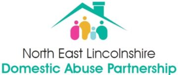 A logo with 4 cartoon people standing under a house roof. With the text North East Lincolnshire Domestic Abuse Partnership
