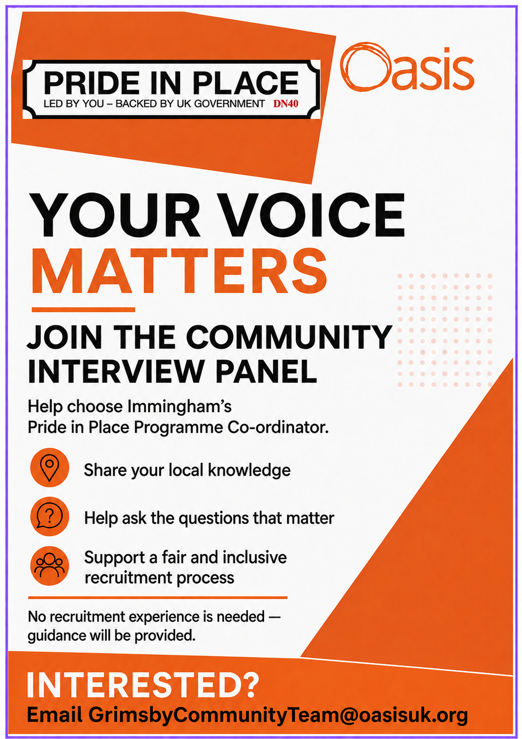 Community representatives needed to help recruit new Pride in Place coordinator