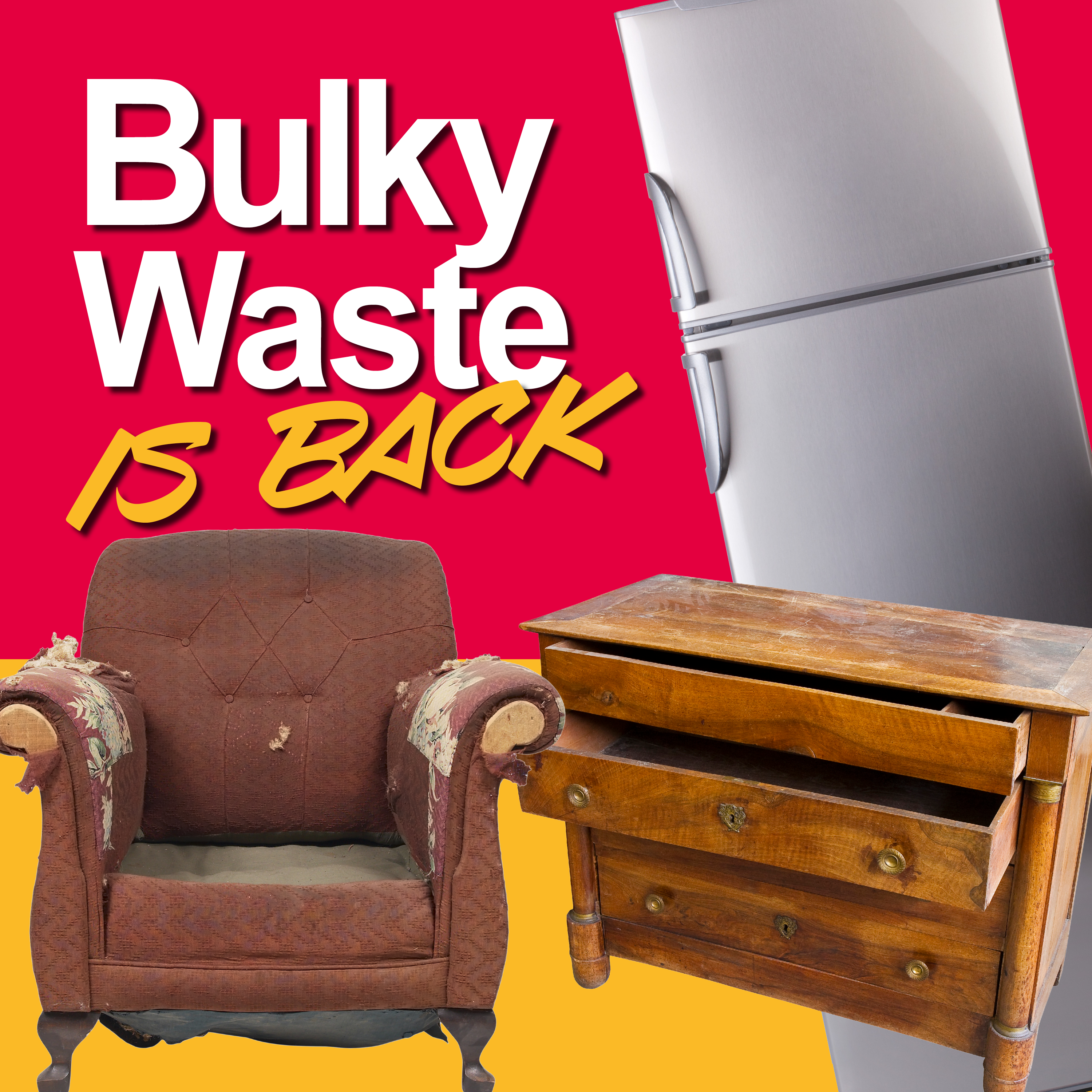 An image of some old furniture and a fridge freezer on a red and yellow background.